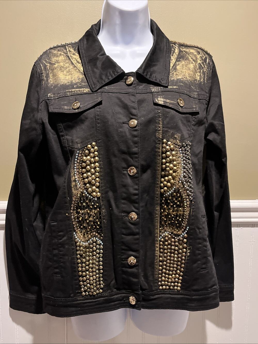 Womens Black Gold Luxe Moda Denim Jacket Rhinestone Embellished Size M NWT